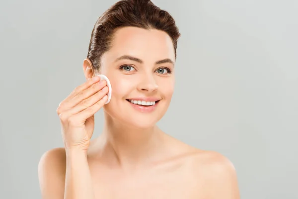 Positive Naked Woman Holding Cotton Pad Face Isolated Grey — Stock Photo, Image