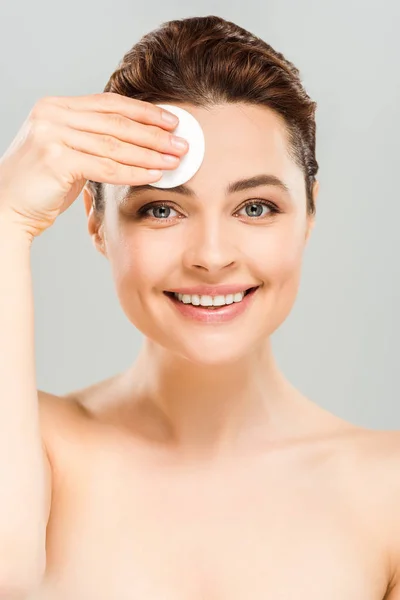 Happy Naked Woman Holding Cotton Pad Face Isolated Grey — Stock Photo, Image