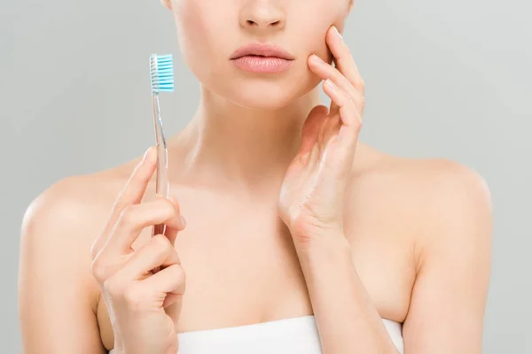 Cropped View Woman Touching Face Holding Toothbrush Isolated Grey — Stock Photo, Image