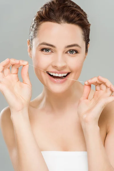 Happy Woman Flossing Teeth Dental Floss Isolated Grey — Stock Photo, Image