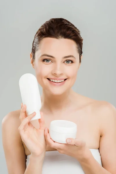 Cheerful Woman Holding Container Cosmetic Cream Bottle Body Lotion Isolated — Stock Photo, Image