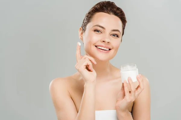 Happy Woman Holding Container Face Cream Looking Camera Isolated Grey — Stock Photo, Image
