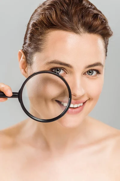 Happy Naked Woman Holding Magnifying Glass Face Isolated Grey — Stock Photo, Image