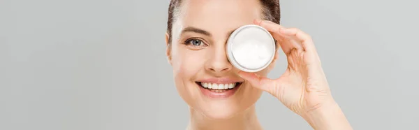 Panoramic Shot Cheerful Woman Covering Eye While Holding Container Face — Stock Photo, Image