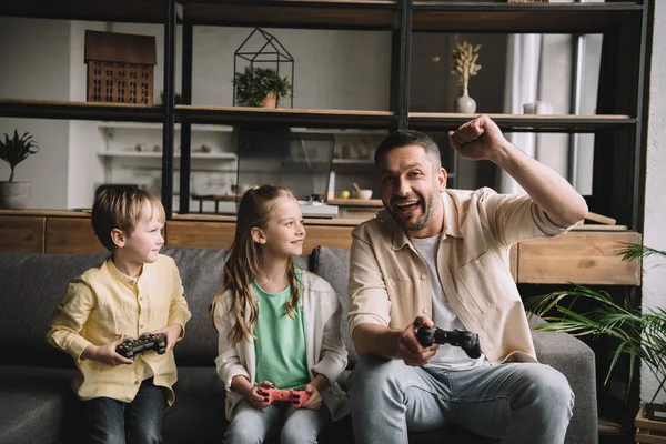 Kyiv Ukraine May 2019 Happy Family Playing Video Game Joysticks — Stock Photo, Image