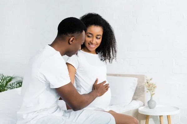 African American Man Touching Tummy Pregnant Wife — Stock Photo, Image