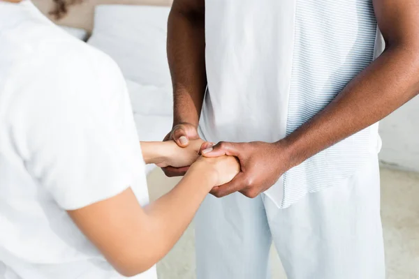 Cropped View African American Man Holding Hands Woman White Clothes — Stock Photo, Image