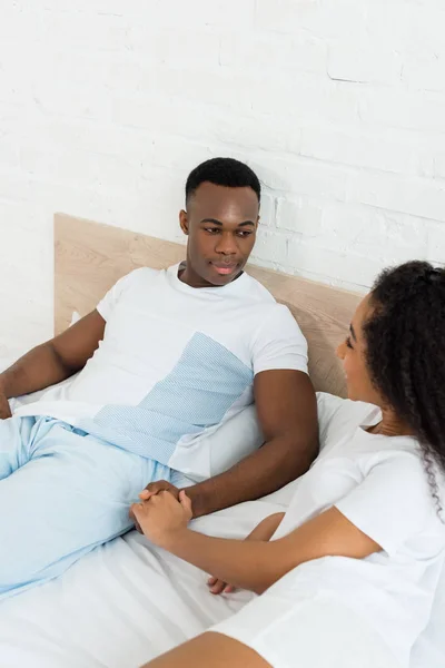 High Angle View African American Man Holding Hands Charming Girlfriend — Stock Photo, Image