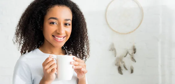 Happy African American Woman Holding Cup Hands Looking Camera — Stock Photo, Image