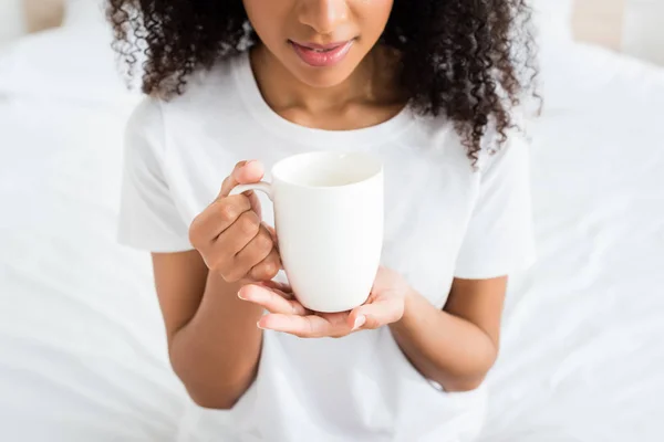 Cropped View African American Woman Holding White Cup Hands — Stock Photo, Image