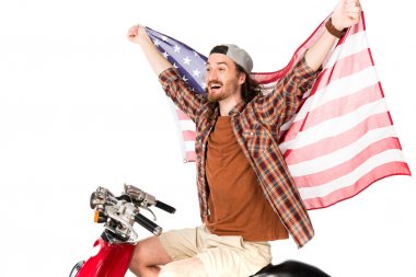  young man with flag of America riding on red scooter isolated on white clipart