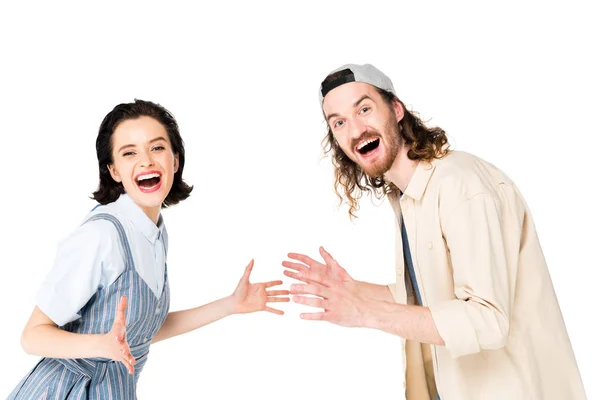 Young Man Girl Smiling Camera Joy Isolated White — Stock Photo, Image