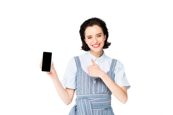 Menina Segurando Smartphone Mão Sorrindo Mostrando Polegar Para Câmera Isolada — Fotografia de Stock