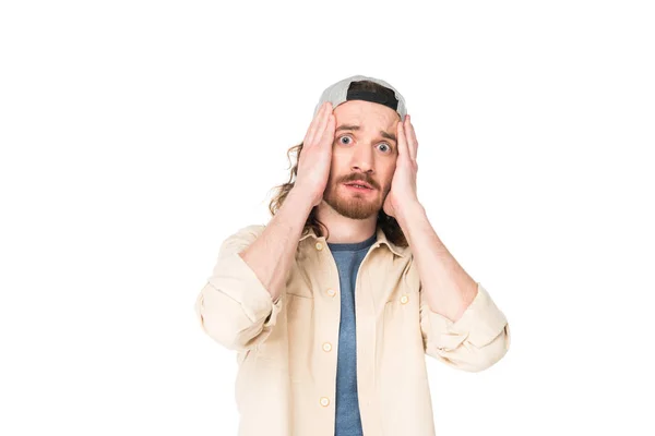 Shocked Young Man Holding Head Hands Isolated White — Stock Photo, Image