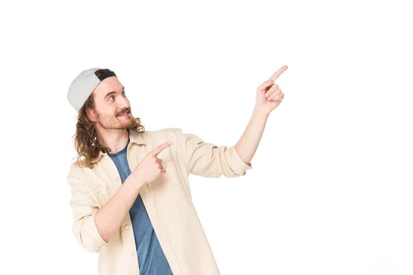 Handsome Young Man Pointing Fingers Away Isolated White — Stock Photo, Image