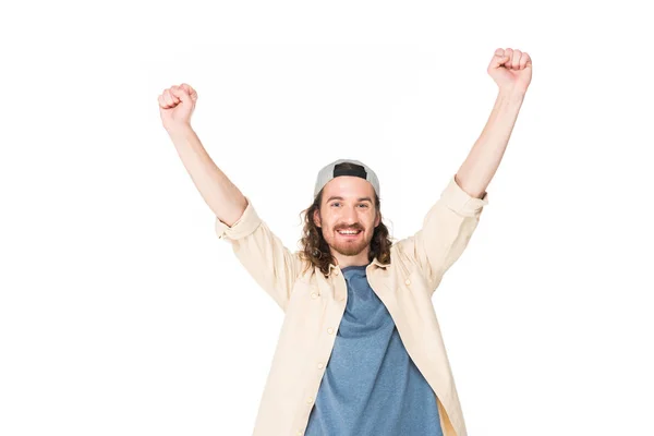 Excited Young Man Raising Hands Air Isolated White — Stock Photo, Image