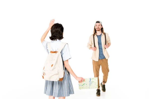 Full Length View Young Man Walking Girl Who Waiving Her — Stock Photo, Image