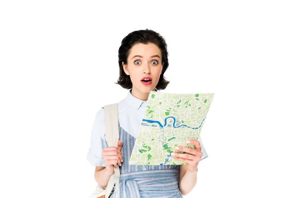 Shocked Girl Holding Map Looking Camera Isolated White — Stock Photo, Image