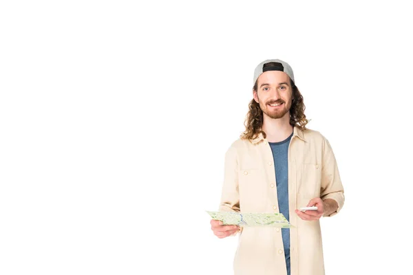 Young Man Holding Map Smartphone Isolated White — Stock Photo, Image