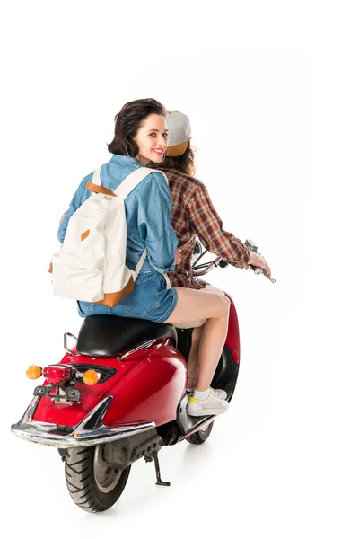 Full Length View Young Man Sitting Red Scooter Girl Looking — Stock Photo, Image