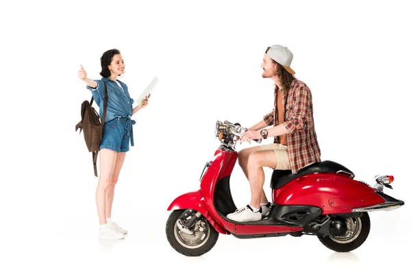 Side View Young Man Red Scooter Girl Outstretched Hand Thumb — Stock Photo, Image