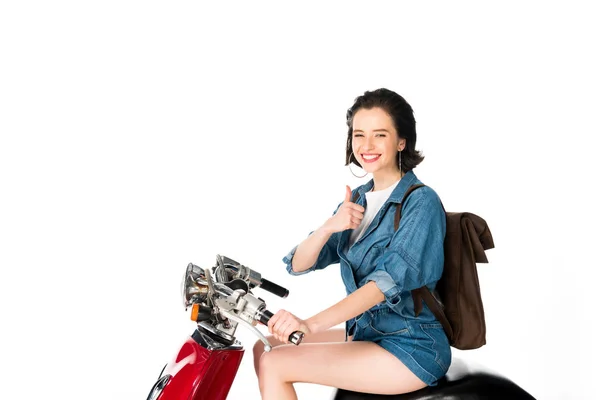 Девушка Сидящая Красном Скутере Показывающая Большой Палец Белом — стоковое фото