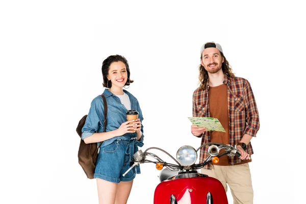 Girl Holding Paper Cup Coffee Young Man Holding Map Looking — Stock Photo, Image