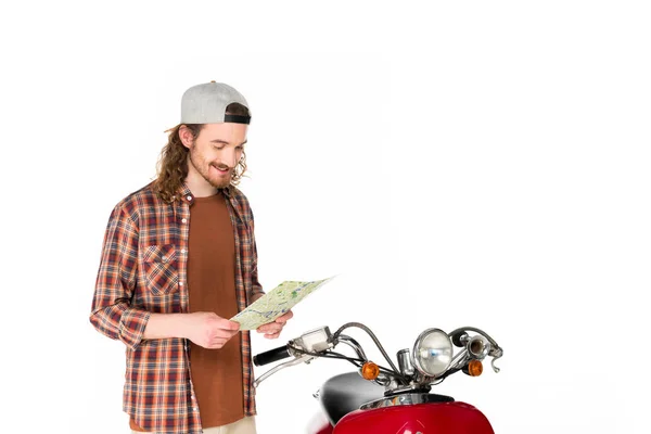 Handsome Young Man Looking Map Standing Red Scooter Isolated White — Stock Photo, Image