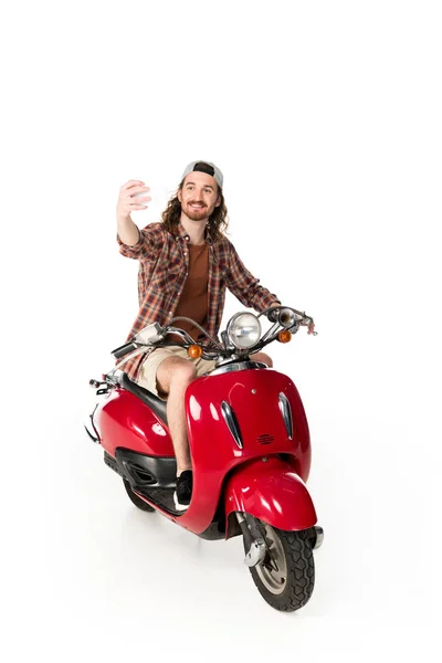 Full Length View Young Man Sitting Red Scooter Taking Selfie — Stock Photo, Image