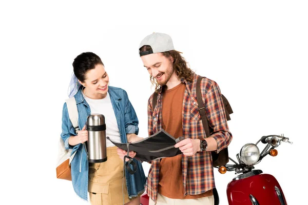 Girl Young Man Looking Map Holding Thermos Standing Red Scooter — Stock Photo, Image