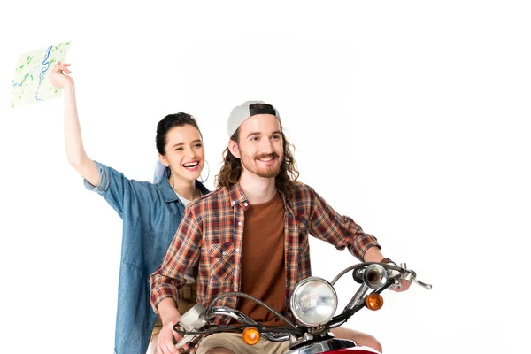 Beautiful Girl Holding Map Sitting Scooter Young Man Isolated White — Stock Photo, Image