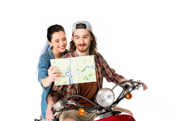 Beautiful Girl Showing Map Young Man Sitting Red Scooter Isolated — Stock Photo, Image