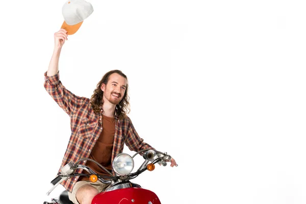 Happy Young Man Riding Red Scooter Putting Hand Capt Air — Stock Photo, Image