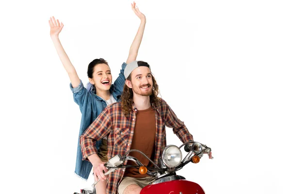 Young Couple Tourists Riding Red Scooter Isolated White — Stock Photo, Image