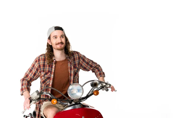 Young Man Riding Red Scooter Looking Forward Isolated White — Stock Photo, Image