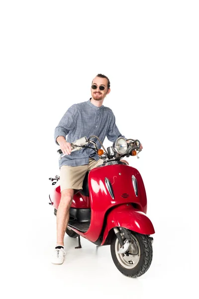 Vista Longitud Completa Guapo Joven Elegante Sentado Scooter Rojo Aislado — Foto de Stock