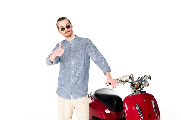 Handsome Stylish Young Man Standing Red Scooter Looking Camera Showing — Stock Photo, Image