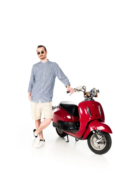 Full Length View Handsome Young Man Standing Red Scooter Looking — Stock Photo, Image