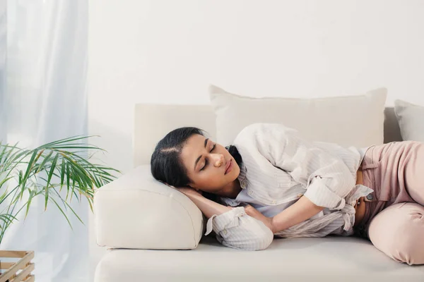 Beautiful Tired Latin Woman Lying Closed Eyes Sofa Home — Stock Photo, Image