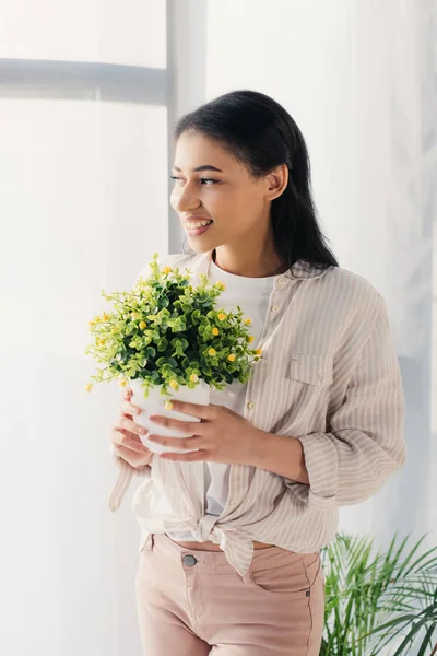 Beautiful Latin Woman Holding Flowerpot Green Plant While Standing Window — Stock Photo, Image