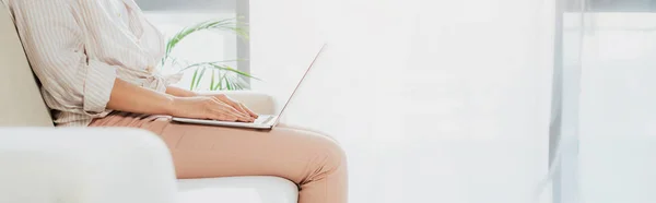 Panoramic Shot Woman Using Laptop While Sitting Couch Home — Stock Photo, Image