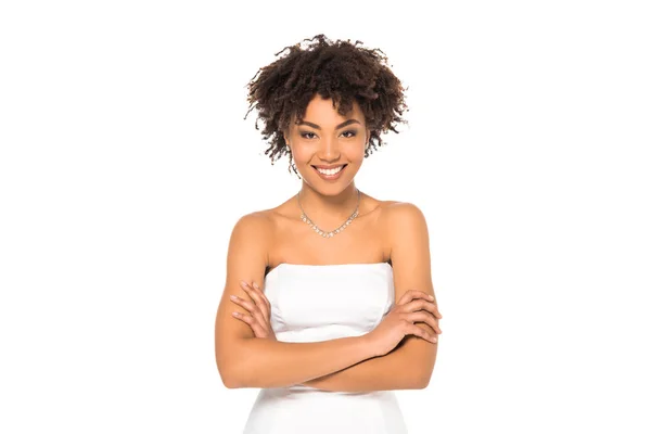 Happy African American Bride Smiling While Standing Crossed Arms Isolated — Stock Photo, Image