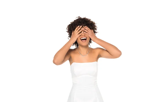 Happy African American Bride Covering Eyes Isolated White — Stock Photo, Image