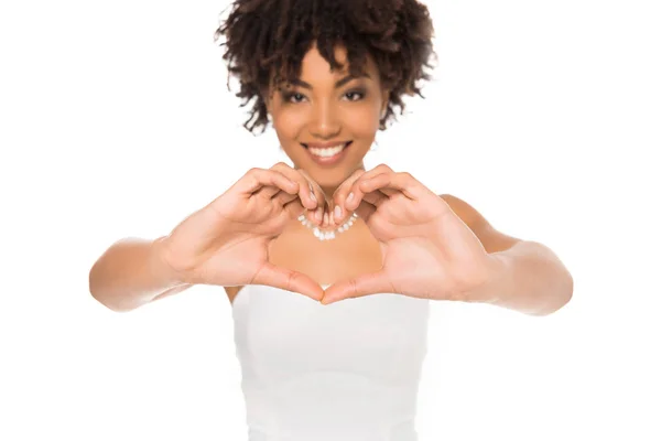 Selective Focus Happy Curly African American Bride Showing Heart Hands — Stock Photo, Image