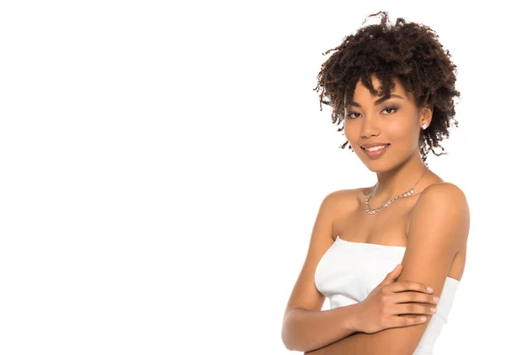 Happy Curly African American Bride Standing Crossed Arms Isolated White — Stock Photo, Image