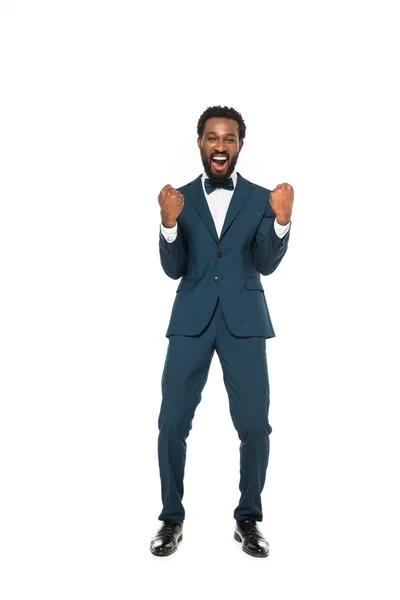 Happy African American Bridegroom Gesturing While Celebrating Triumph Isolated White — Stock Photo, Image