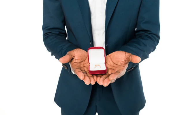 Cropped View African American Bridegroom Holding Box Wedding Ring Isolated — Stock Photo, Image