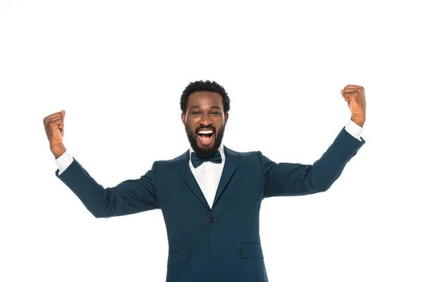 Cheerful African American Bridegroom Gesturing While Celebrating Triumph Isolated White — Stock Photo, Image