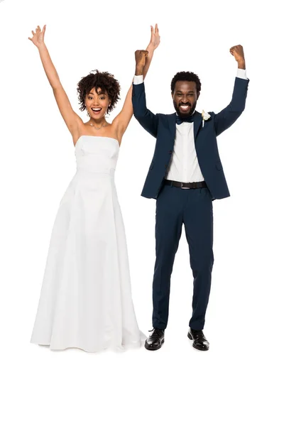 Cheerful African American Bridegroom Bride Gesturing Isolated White — Stock Photo, Image