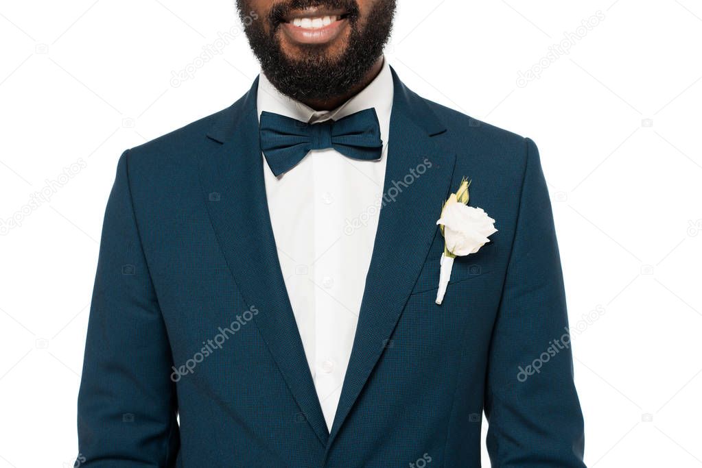 cropped view of cropped view of happy bearded african american bridegroom isolated on white 